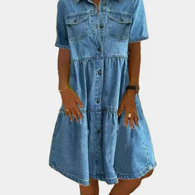 Θεοδώρα | Boho τζιν φόρεμα με γιακά σε γραμμή Α