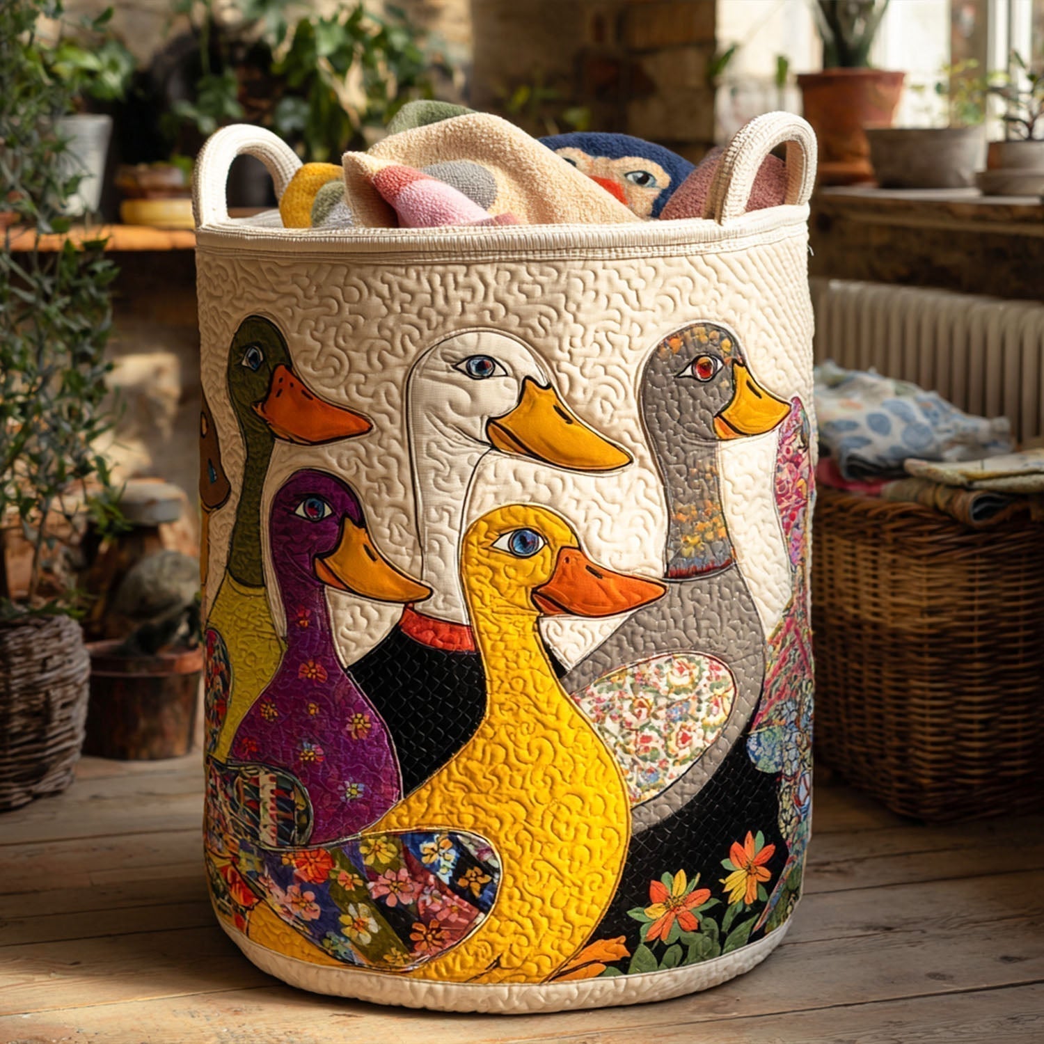 Καπιτονέ καλάθι για άπλυτα με πολύχρωμες πάπιες