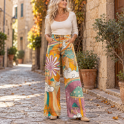 Χρυσάνθη | Φαρδύ παντελόνι boho με μανιτάρια και σύννεφα σε πορτοκαλί και μωβ