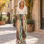 Κλειώ | Φαρδύ παντελόνι boho με κάθετα μοτίβα ίκατ σε κόκκινο και πράσινο