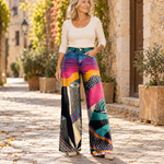 Κυβέλη | Φαρδύ παντελόνι boho με αφηρημένο σχέδιο σε ροζ, μωβ και πετρόλ