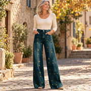 Μυρσίνη | Φαρδύ παντελόνι boho σε σκούρο πετρόλ με χρυσά αστεράκια