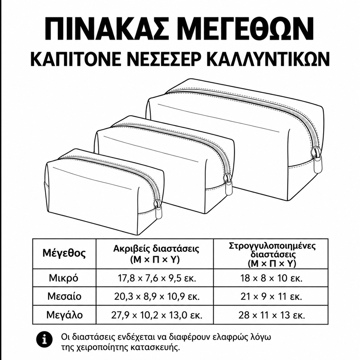Πίνακας μεγεθών για καπιτονέ νεσεσέρ καλλυντικών