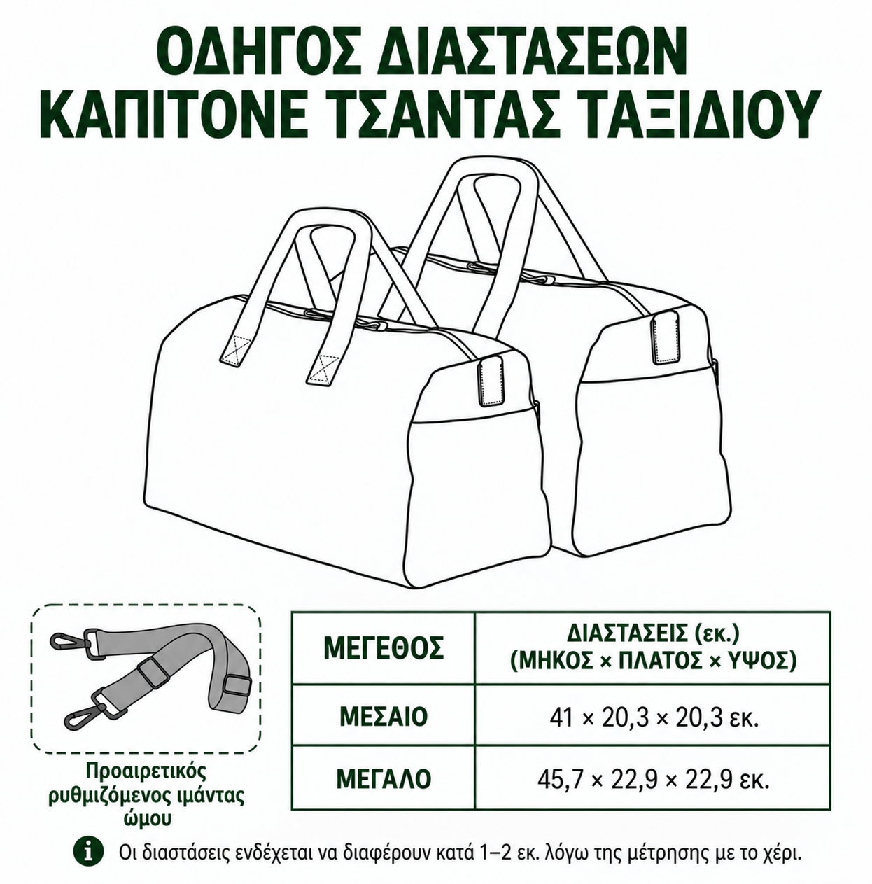 Οδηγός διαστάσεων για καπιτονέ τσάντα ταξιδιού