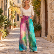 Θέκλα | Φαρδύ παντελόνι boho με εφέ τάι ντάι σε ροζ και τιρκουάζ