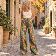 Ξανθίππη | Φαρδύ παντελόνι boho με μάτια και πορτοκαλί κύματα σε πράσινο